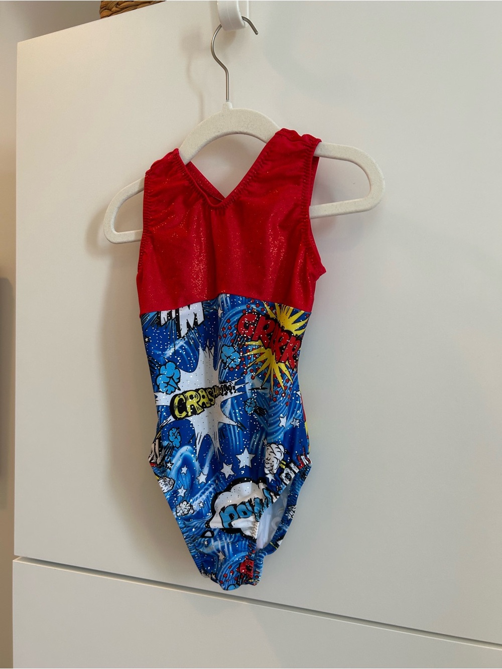 Kids Red and Blue Comic-Print Gymnastics Leotard Size Child’s XS - Picture 2 of 6